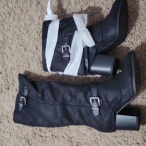 NWOT - Fergalicious Black Knee High Boots Suede Stacked Heel Silver Buckle